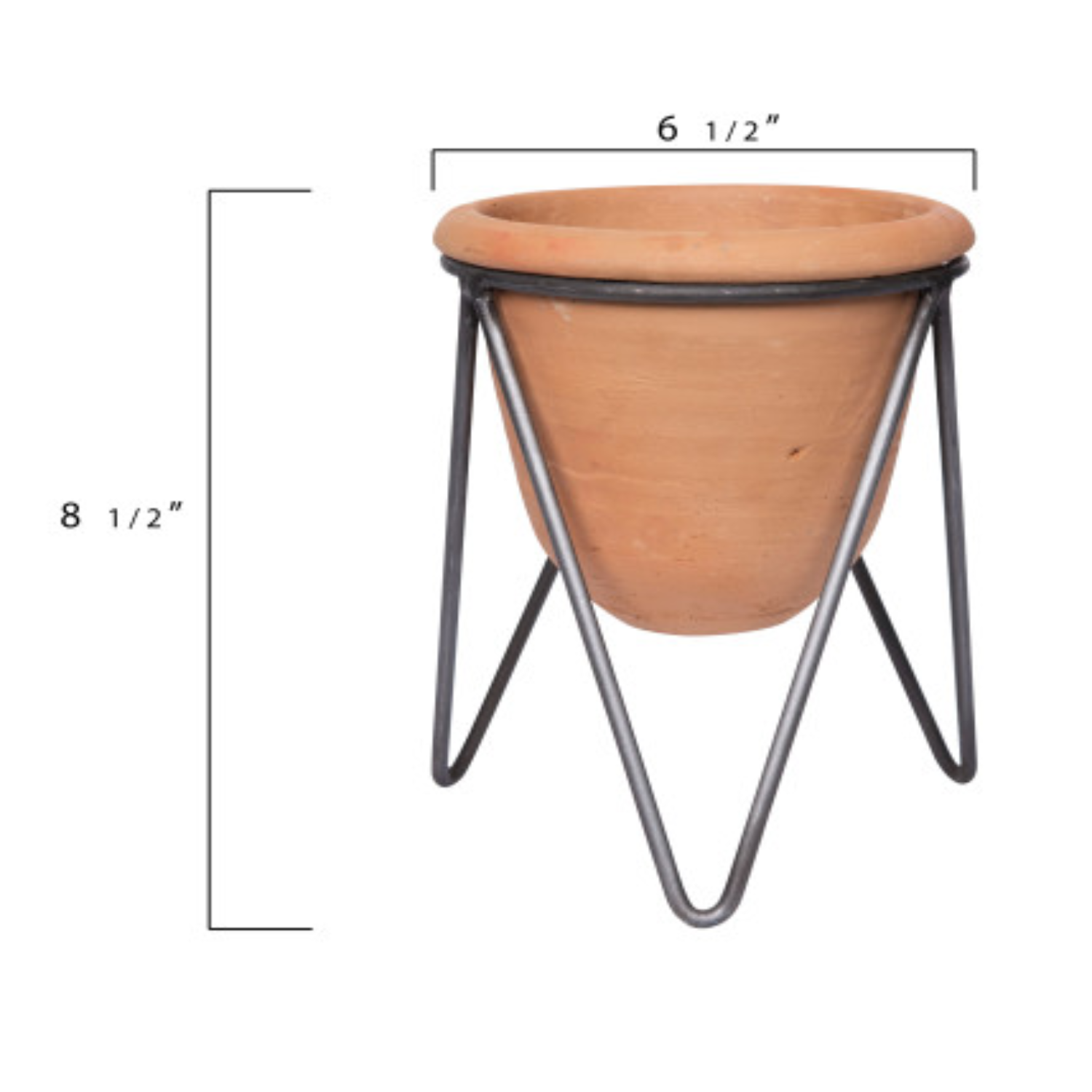A terracotta pot with metal stand, viewed from a slight angle, displaying the pot's brown color and the metallic legs supporting it.